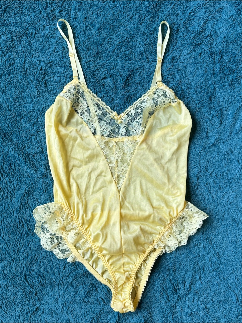VTG 70s 80s Ashley Taylor Lace Teddy Romper Bodysuit Lingerie S Yellow Coquette